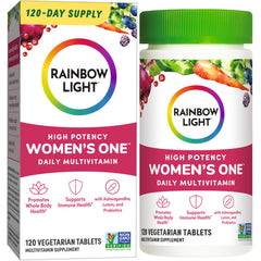 Rainbow Light Women's One powder tub showing daily multivitamin support.