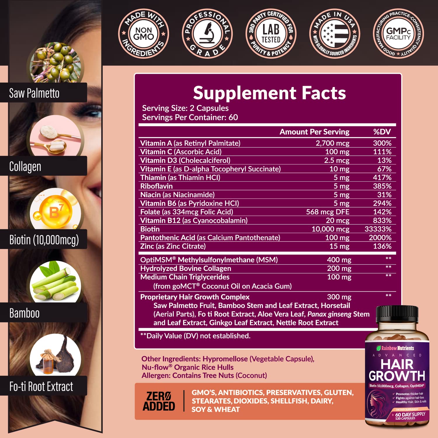 Rainbow Nutrients biotin 10000mcg capsule boosts hair resilience.