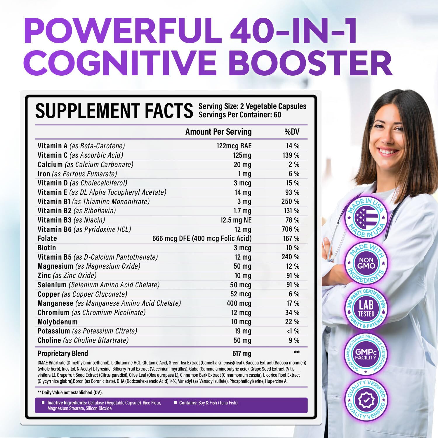 Rainbow Nutrients brain booster ingredients illustration including DMAE and Bacopa