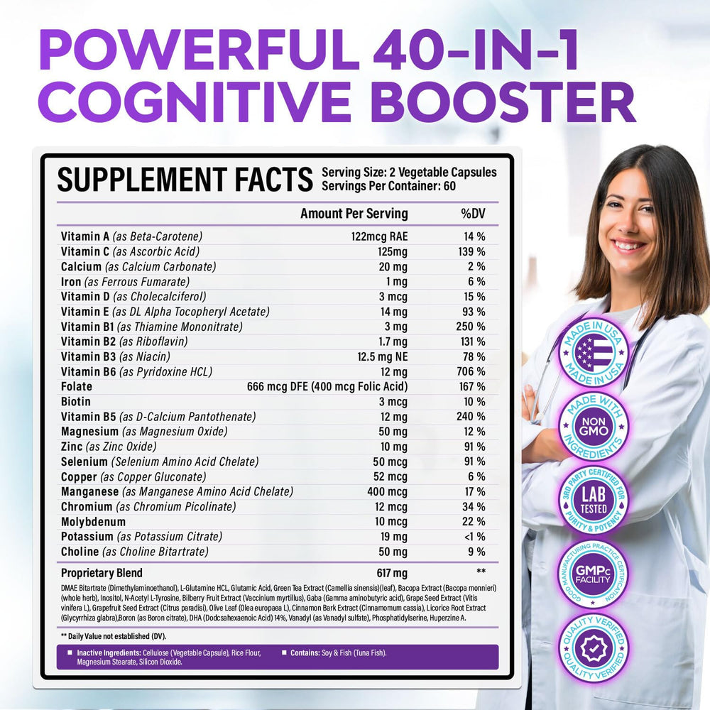 Rainbow Nutrients brain booster ingredients illustration including DMAE and Bacopa