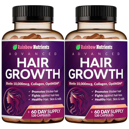 Rainbow Nutrients hair-growth bottle pour promotes easy daily use for healthier hair and nails.