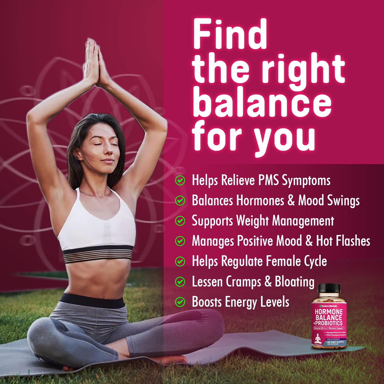 Rainbow Nutrients Hormone Balance capsules showing probiotic and herbal formula for digestion support