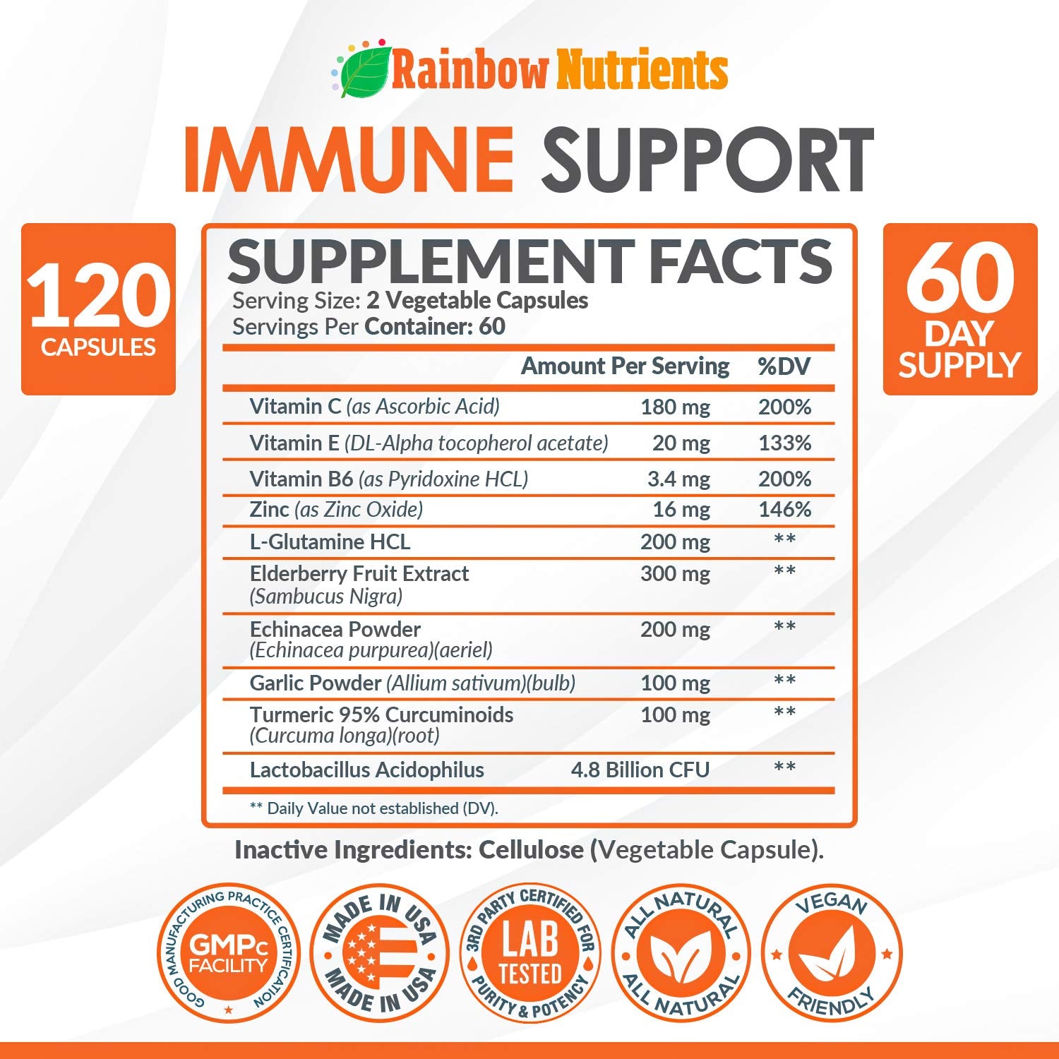 Rainbow Nutrients Immune Support label detail highlighting purity and quality
