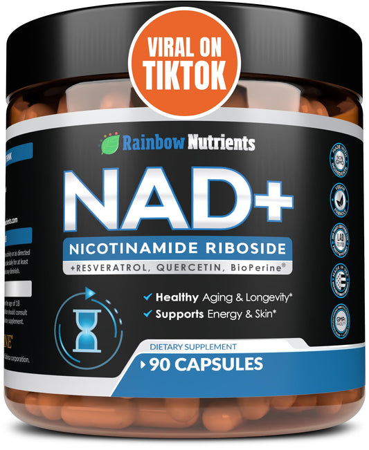 Rainbow Nutrients NAD+ bottle front showing daily energy support potential