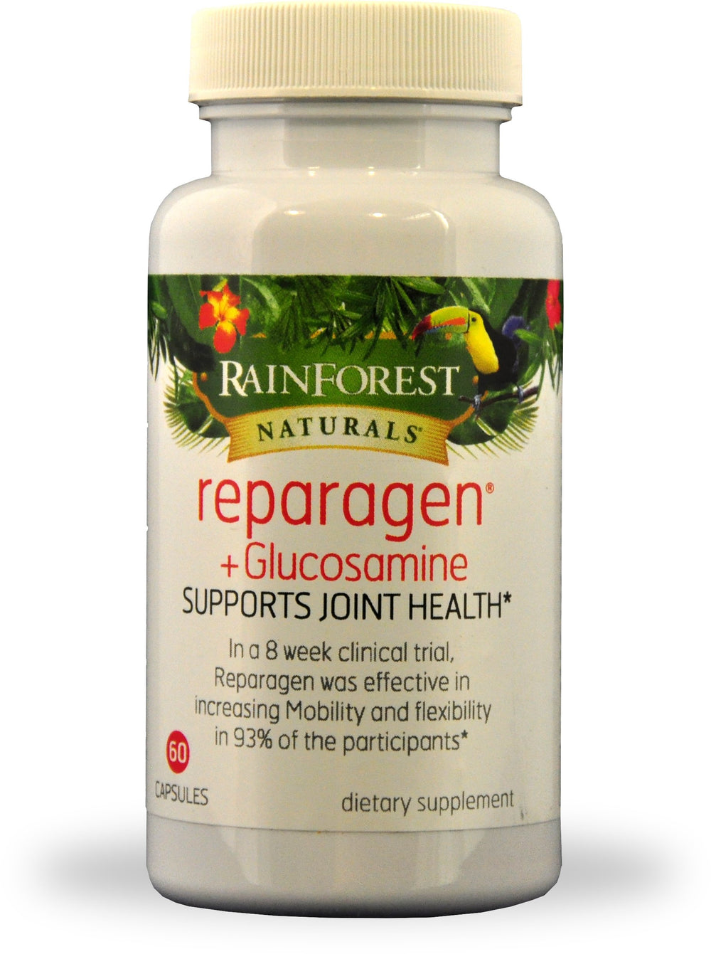 Rainforest Nutritionals Reparagen Plus bottle pour showing daily dosing for joint support.