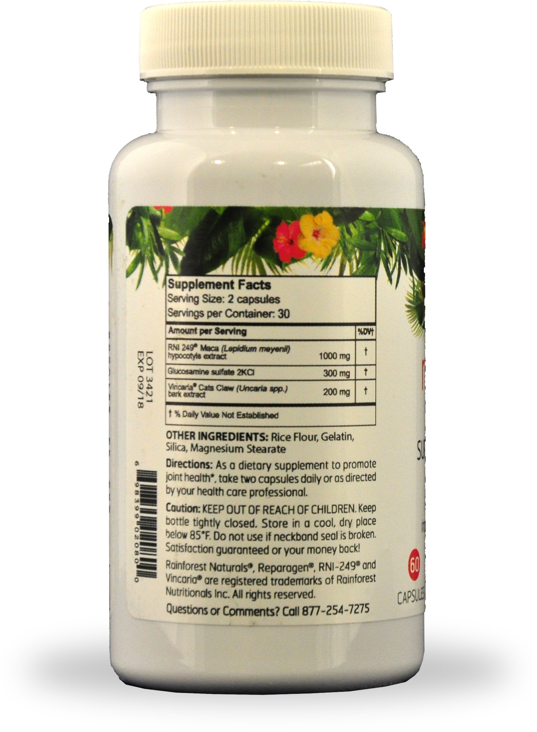 Rainforest Nutritionals Reparagen Plus capsules closeup highlighting two natural extracts.