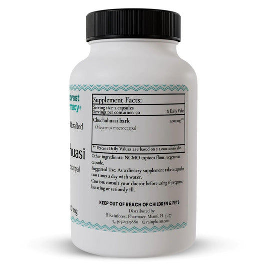 Rainforest Pharmacy Chuchuhuasi label close-up emphasizing eco-friendly sourcing for daily use.