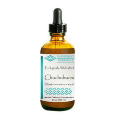 Rainforest Pharmacy Chuchuhuasi liquid bottle pour supports daily herbal use.