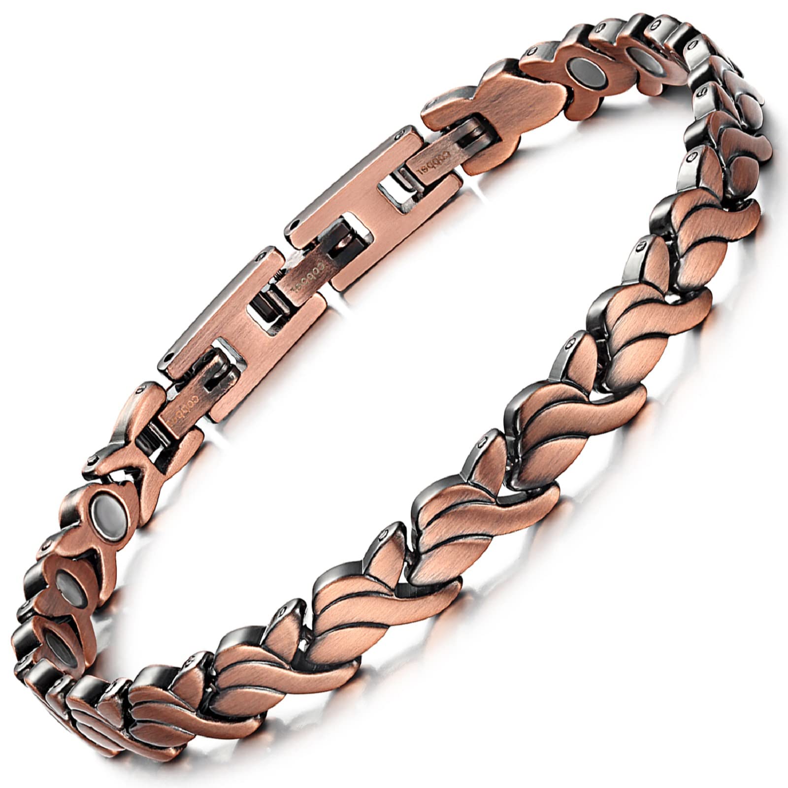 RainSo copper bracelet closeup highlights magnet detail and premium finish.