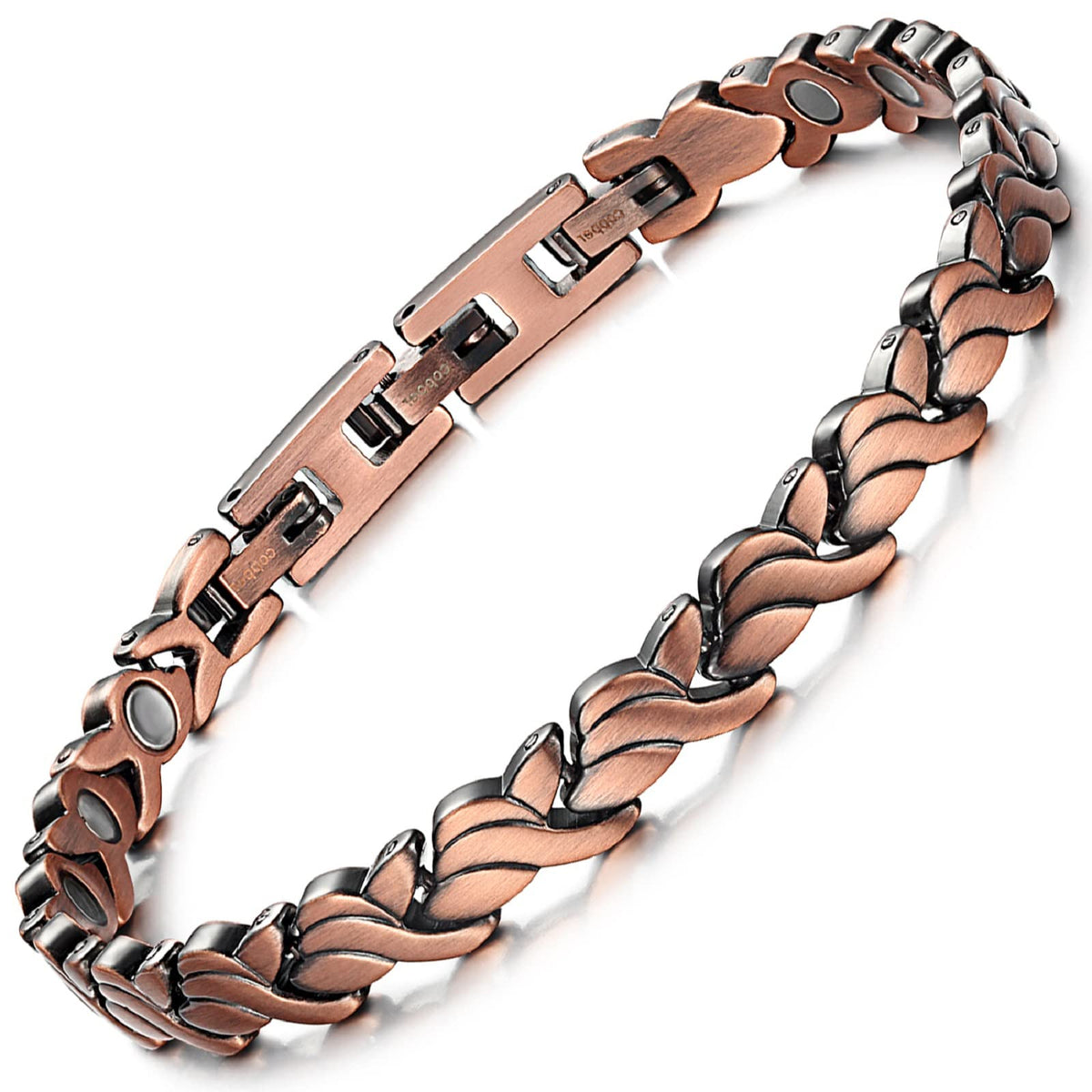 RainSo copper bracelet closeup highlights magnet detail and premium finish.
