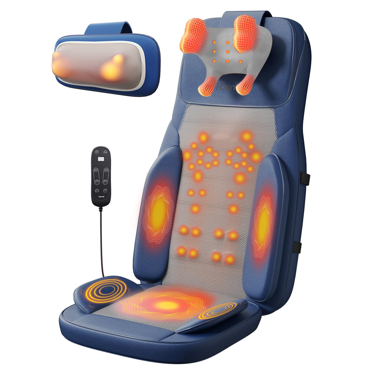 Rainwolf shiatsu cushion on chair for targeted neck and back relief during work
