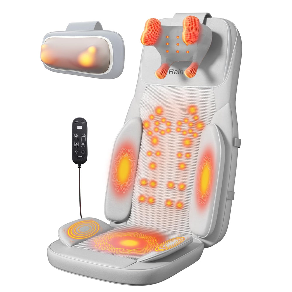 Rainwolf Shiatsu neck and back cushion on chair delivering on-chair relief for tense shoulders.