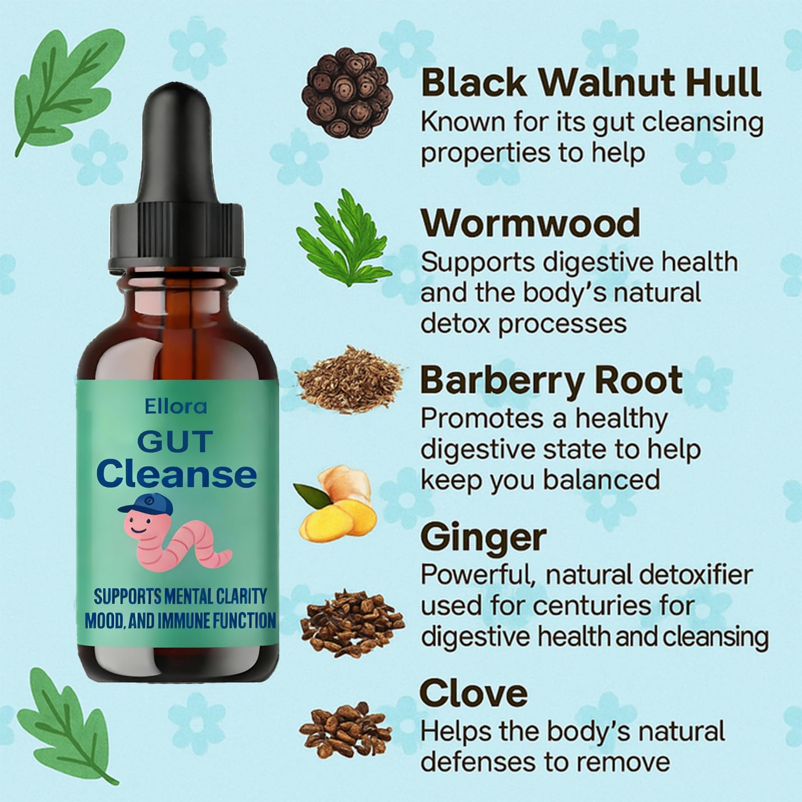 Raipult Ellora Gut Cleanse Drops pouring into a glass for easy mixing.