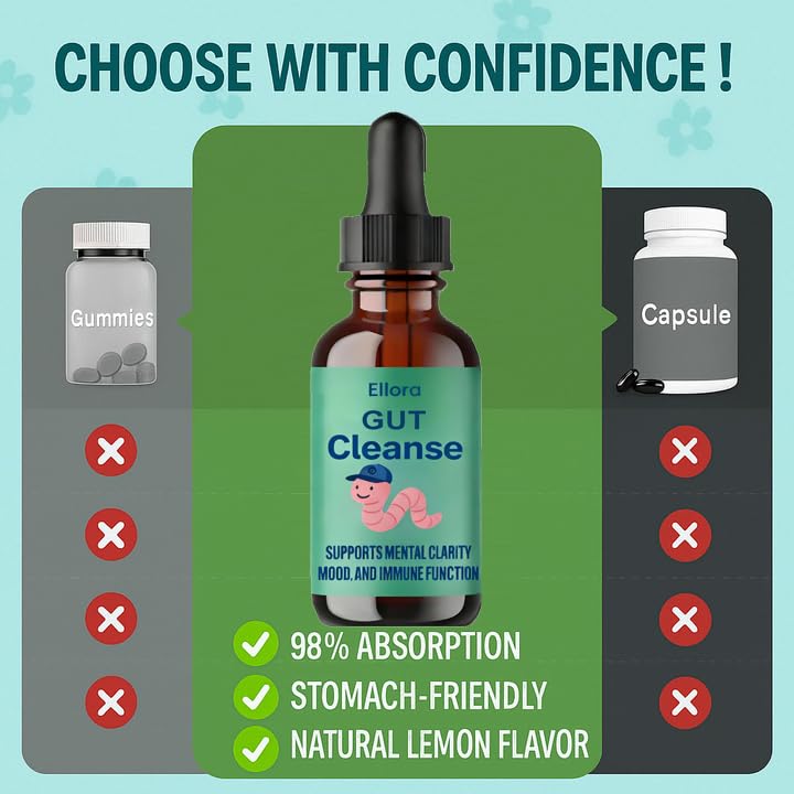 Raipult Ellora Gut Cleanse Drops label close-up highlighting natural ingredients.