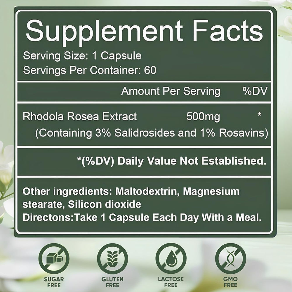 Raipult Floraviva Rhodiola capsules close-up highlighting 500mg extract