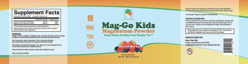 Raise Them Well Mag-Go Kids mixed-berry powder dissolving into a drink for kid-friendly daily magnesium.