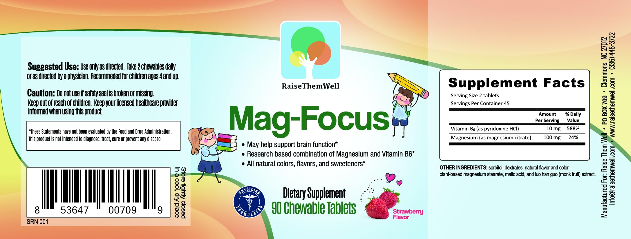 Raise Them Well magnesium focus chewables closeup showing kid-friendly strawberry flavor.