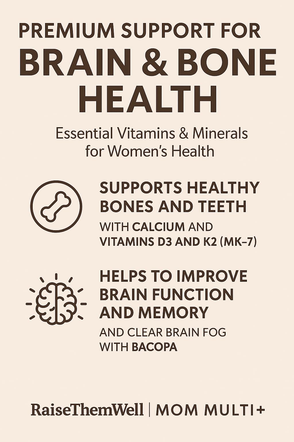 Raise Them Well Mom Multi+ ingredients chart featuring adaptogens and bacopa