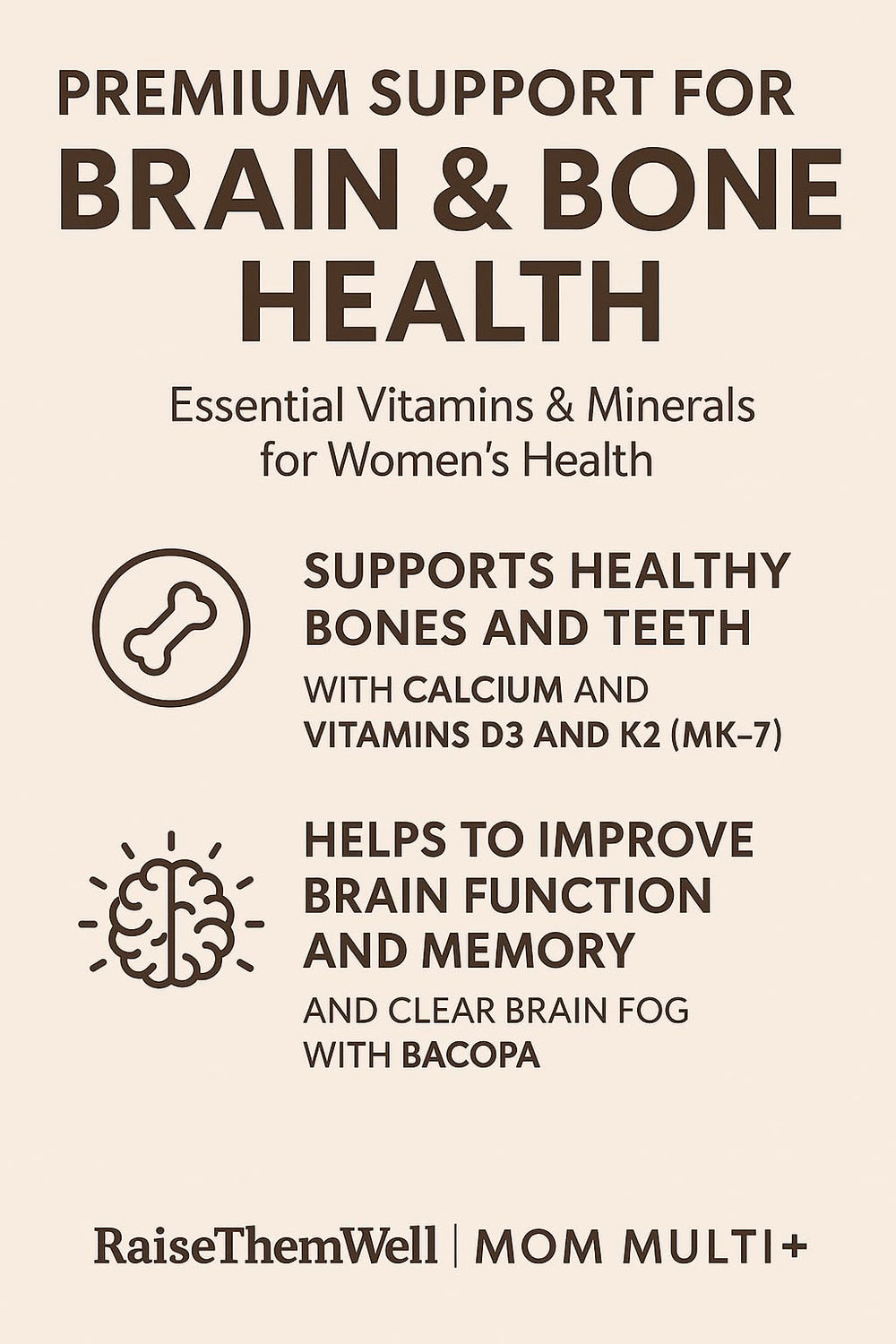 Raise Them Well Mom Multi+ ingredients chart featuring adaptogens and bacopa