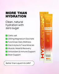 Raised Hydration+ peach dissolving in a glass showing refreshing flavor and quick hydration.