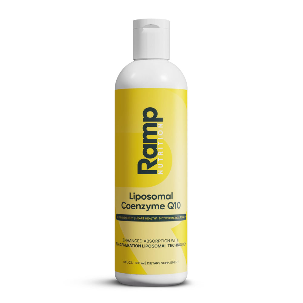Ramp Nutrition Liposomal CoQ10 liquid bottle highlighting heart support potential