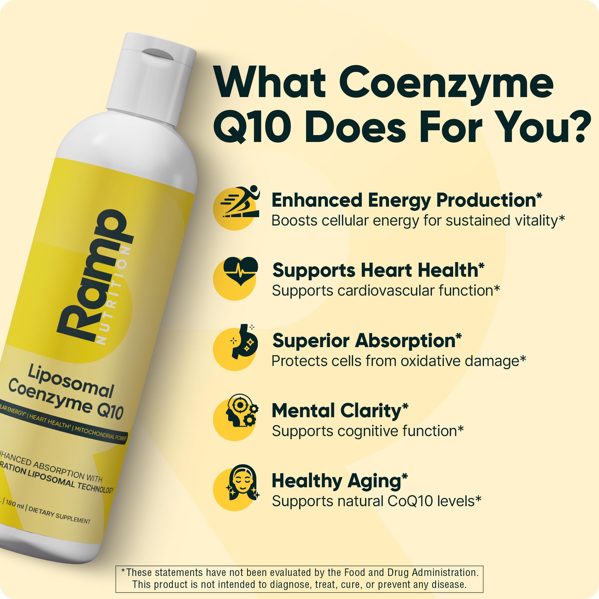 Ramp Nutrition Liposomal CoQ10 natural flavor packaging suggests smooth tasting experience