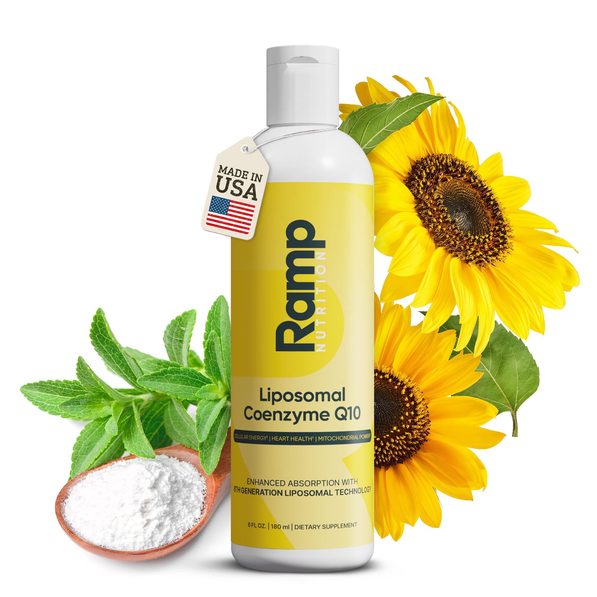 Ramp Nutrition Liposomal CoQ10 liquid pour setup for easy daily use and absorption