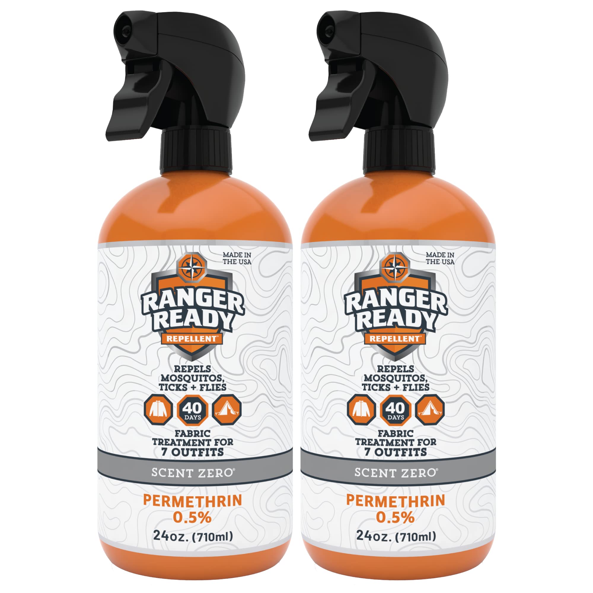 Ranger Ready Permethrin spray bottle shown for odorless clothing protection