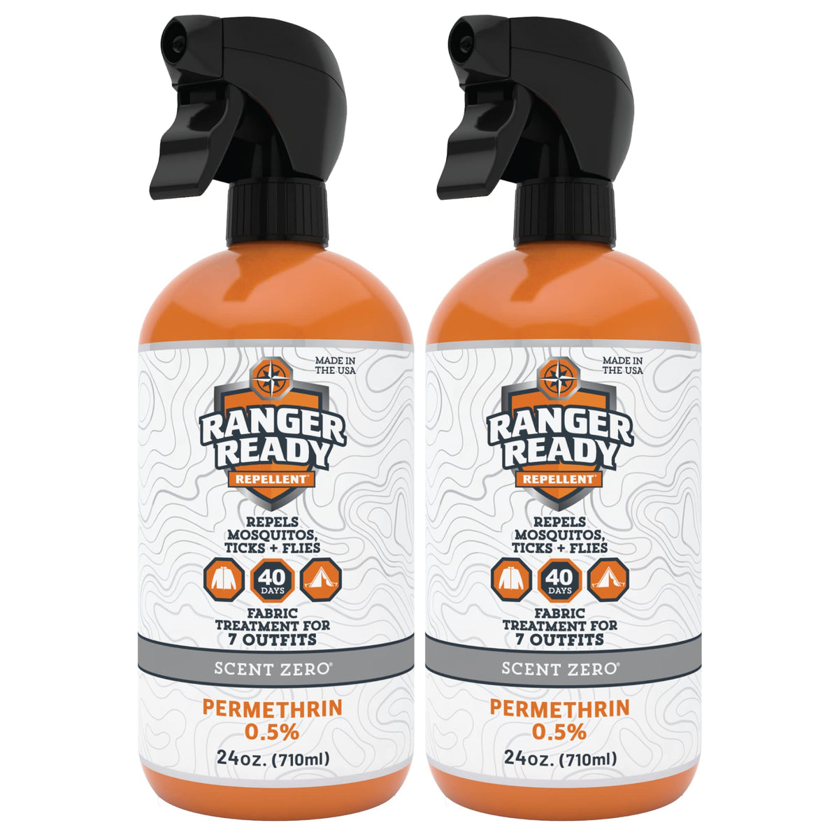 Ranger Ready Permethrin spray bottle shown for odorless clothing protection