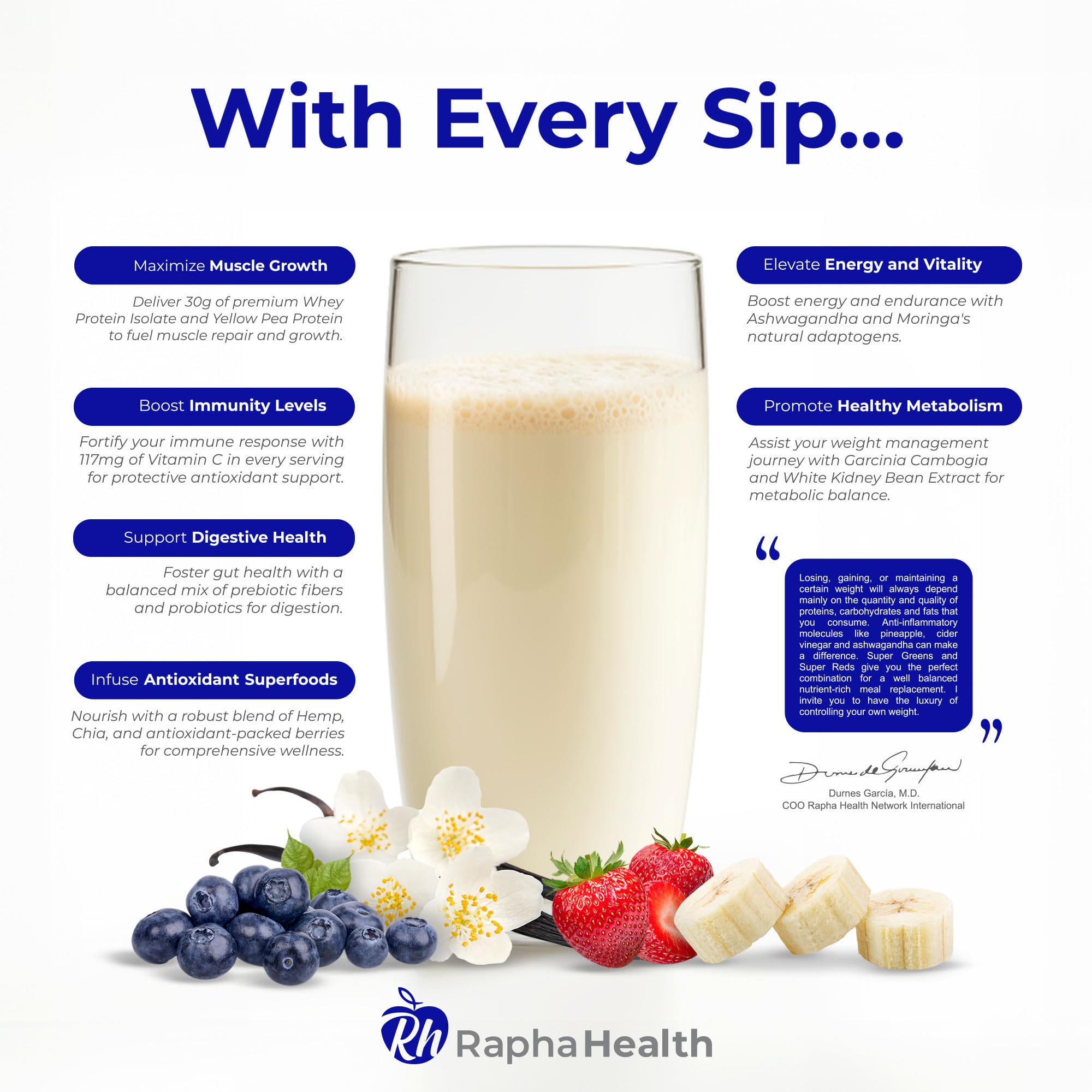 RAPHA HEALTH Protein blend jar label shows organic superfoods for immune support.