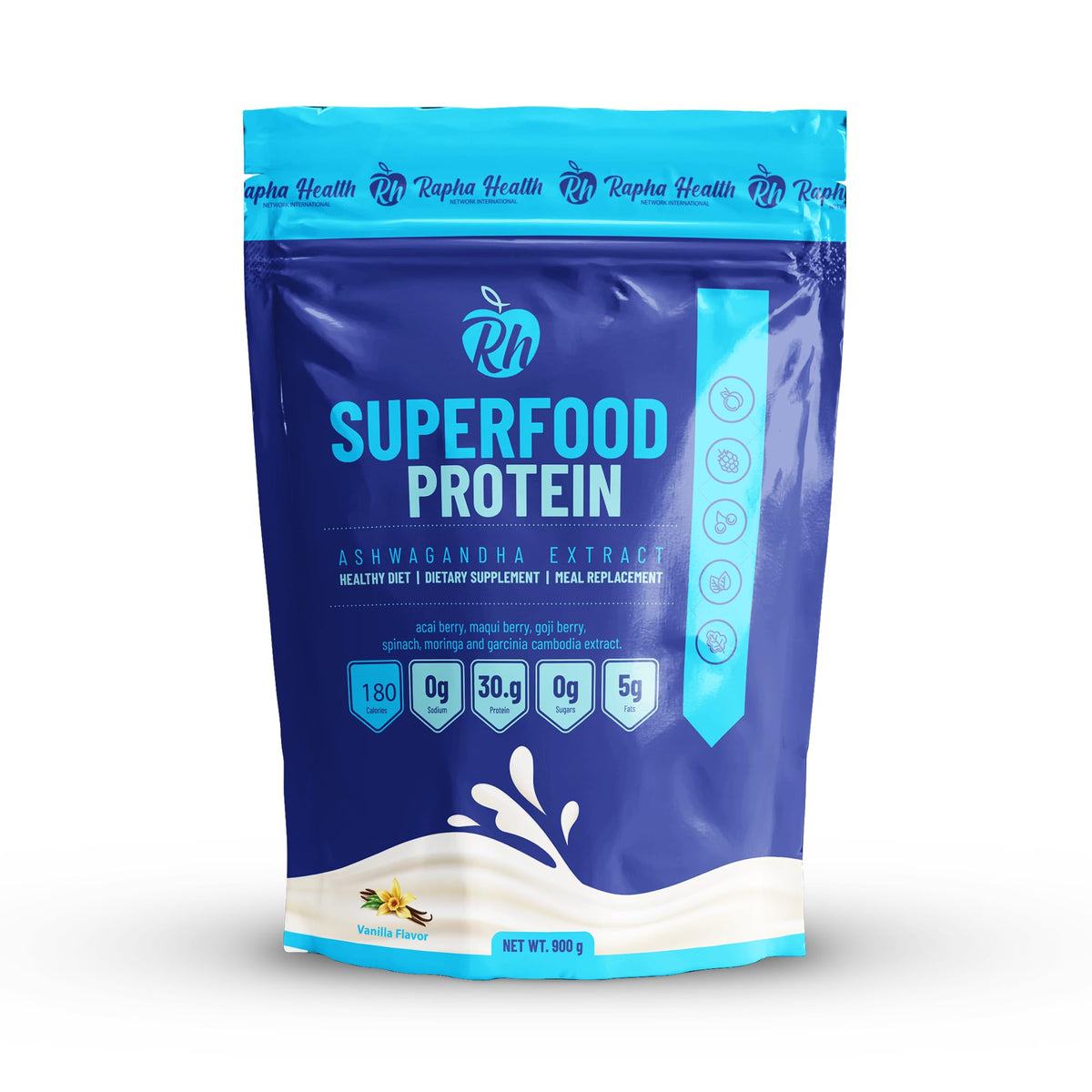 RAPHA HEALTH Superfood Whey Vanilla bottle highlights protein-rich nutrition for workouts.