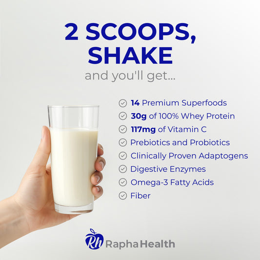 RAPHA HEALTH Whey Vanilla scoop demonstrates quick, convenient post-workout protein.