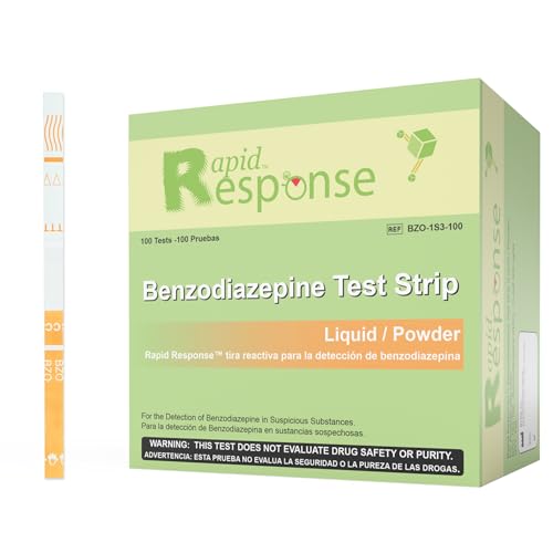 Rapid Response Benzodiazepines test strip visual with liquid sample for rapid screening.