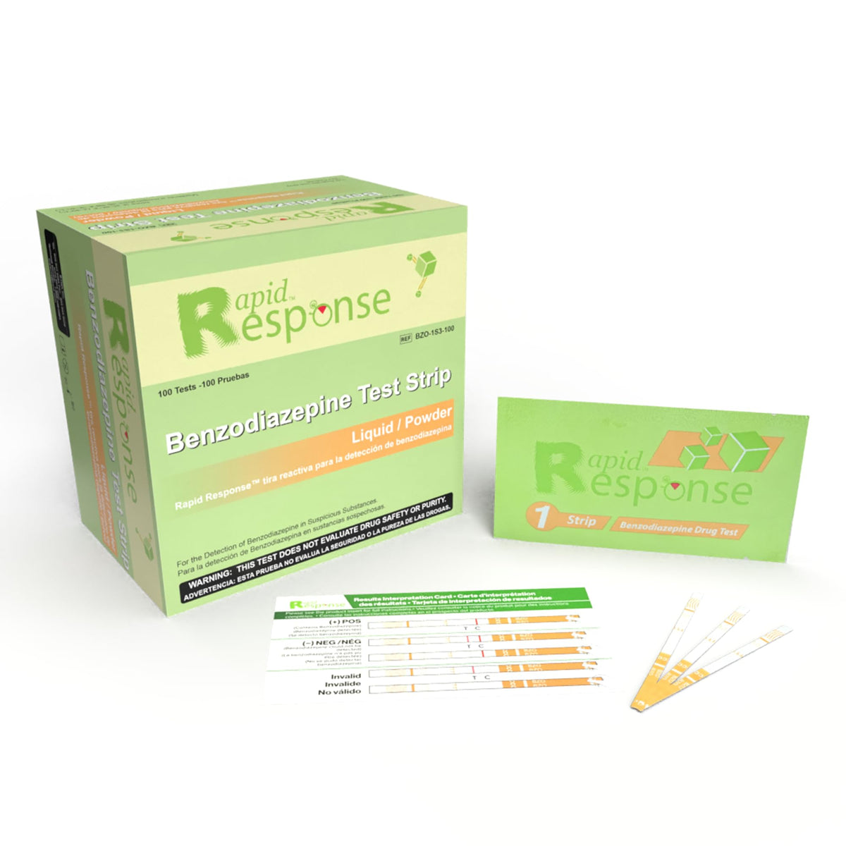 Rapid Response Benzodiazepines test strip packaging ready for quick screening.