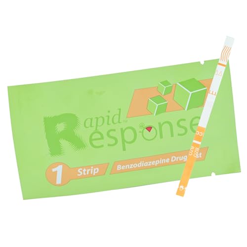 Rapid Response Benzodiazepines test strip used with powder sample for fast screening.
