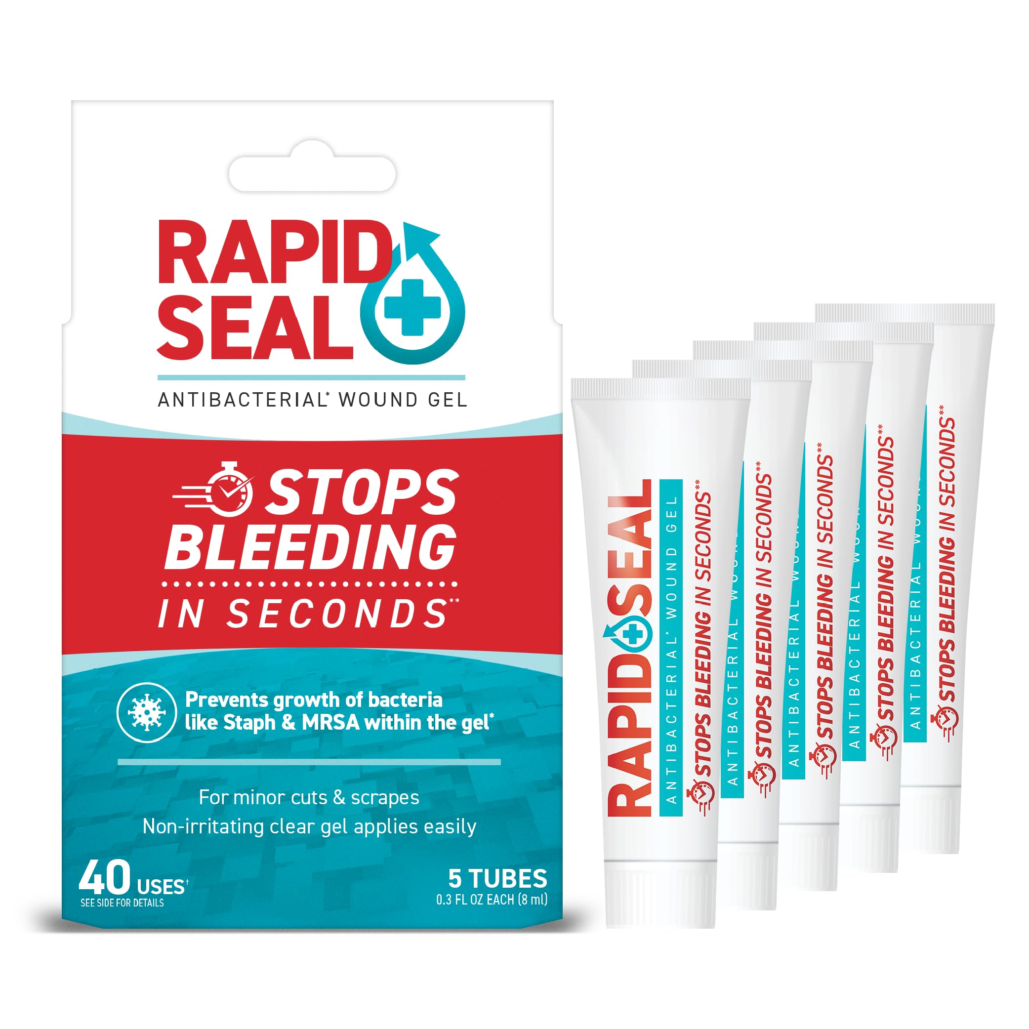 Rapid-Seal Wound Gel box packaging shows convenient first aid readiness.