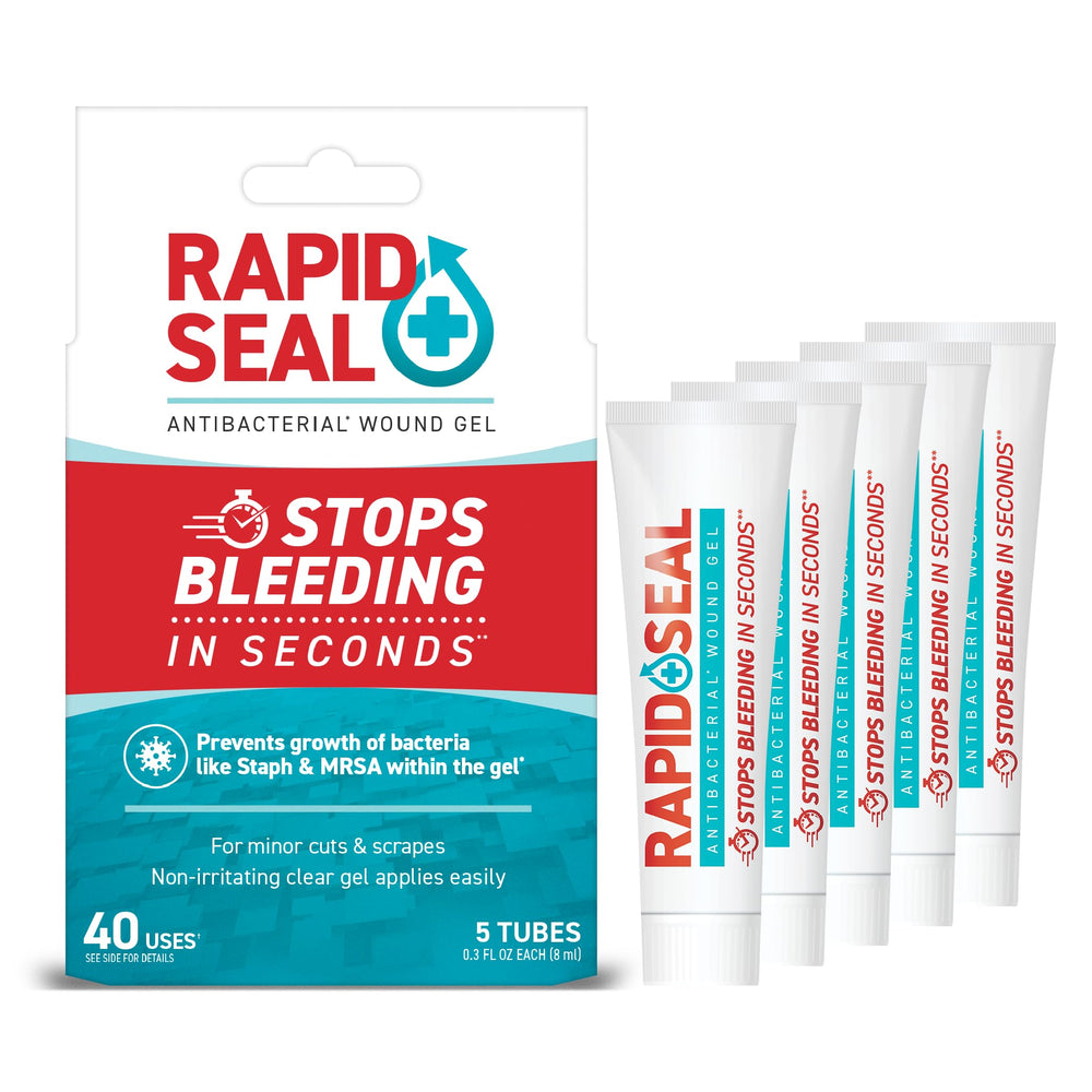 Rapid-Seal Wound Gel box packaging shows convenient first aid readiness.