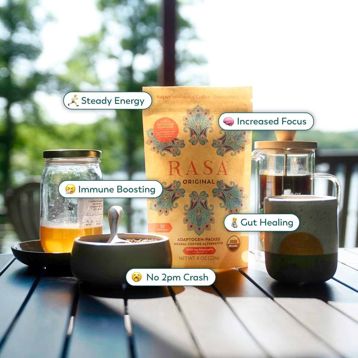 Rasa Koffee Original AIP adaptogens highlight balance and sustainable energy.