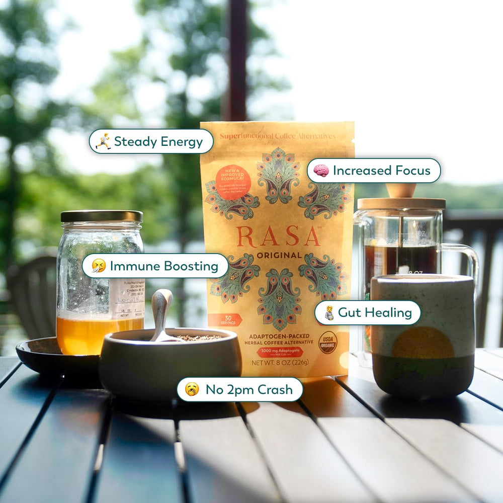 Rasa Koffee Original AIP adaptogens highlight balance and sustainable energy.