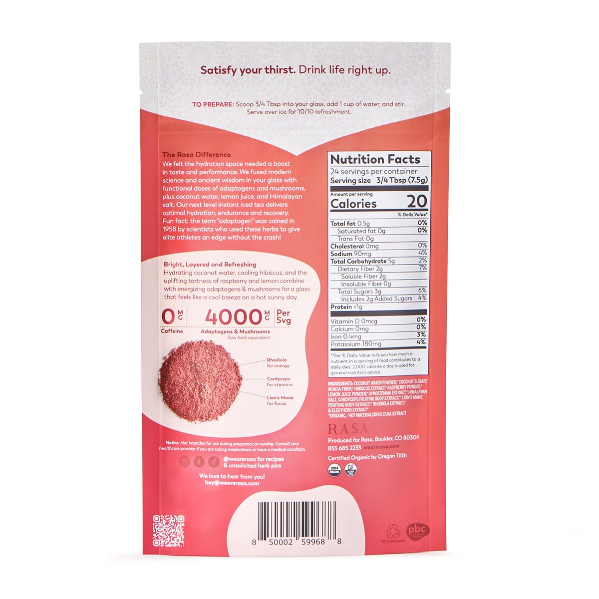 Rasa Raspberry Hibiscus Hydration eco-packaging highlights sustainable packaging.