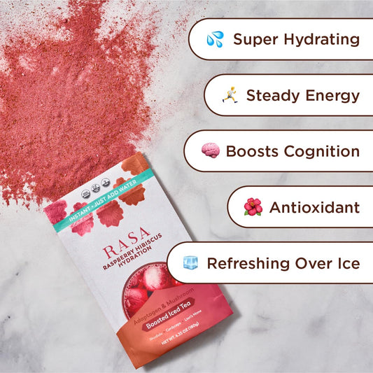 Rasa Raspberry Hibiscus Hydration glass with ice highlighting cooling refreshment.
