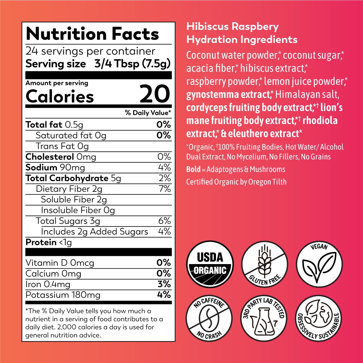 Rasa Raspberry Hibiscus Hydration gluten-free label emphasizes allergen-friendly option.
