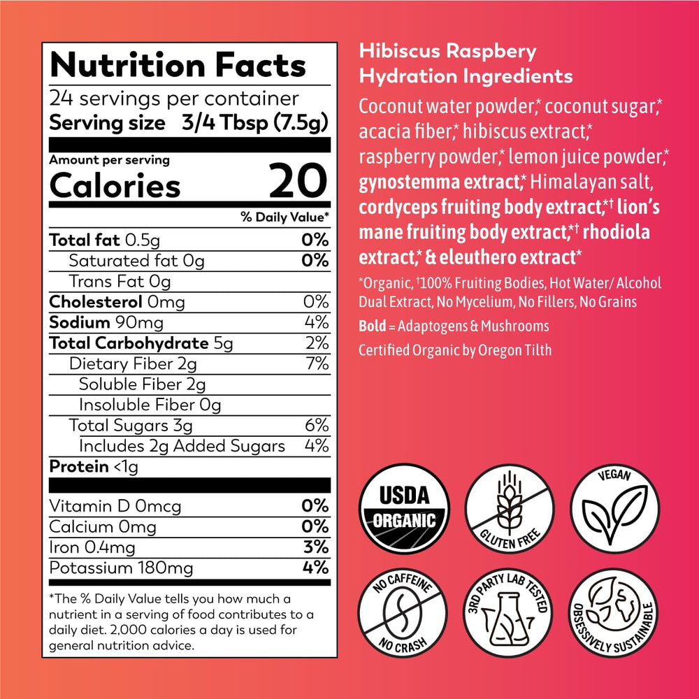 Rasa Raspberry Hibiscus Hydration gluten-free label emphasizes allergen-friendly option.