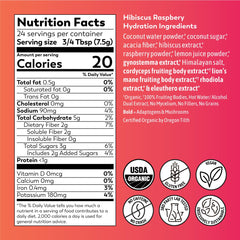 Rasa Raspberry Hibiscus Hydration gluten-free label emphasizes allergen-friendly option.