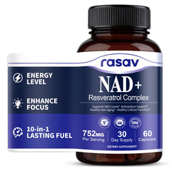 Rasav NAD Supplement 10-in-1 front bottle supports convenient daily energy.