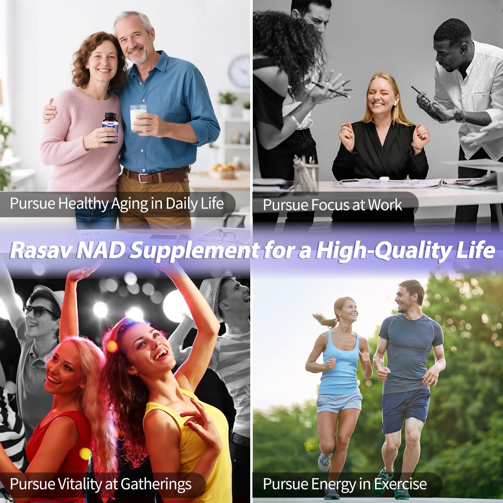 Rasav NAD Supplement 10-in-1 ingredients chart communicates key actives.