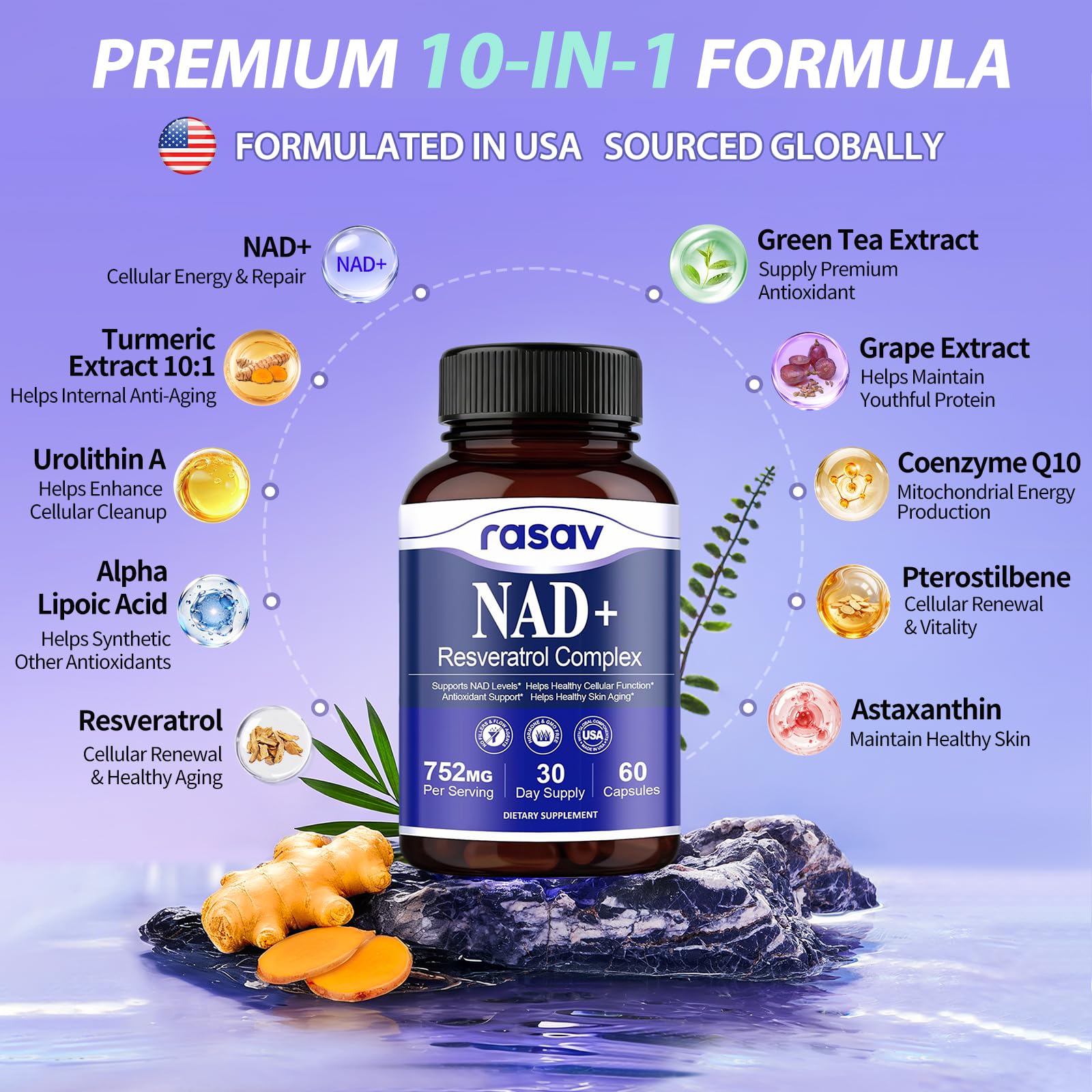 Rasav NAD Supplement 10-in-1 label closeup highlights premium actives for cellular wellness.