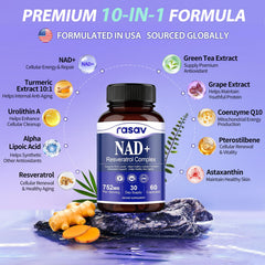 Rasav NAD Supplement 10-in-1 label closeup highlights premium actives for cellular wellness.