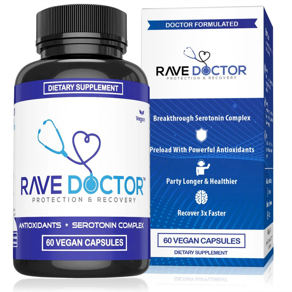Rave Doctor 5HTP bottle front for on the go mood support at festivals
