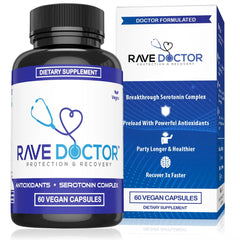 Rave Doctor 5HTP bottle front for on the go mood support at festivals